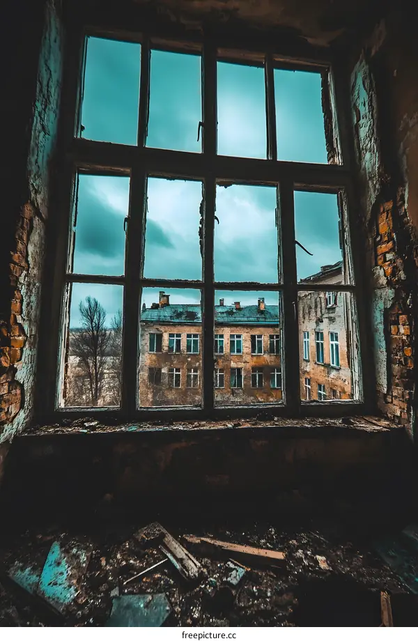 Abandoned Building Window with View of Other Buildings