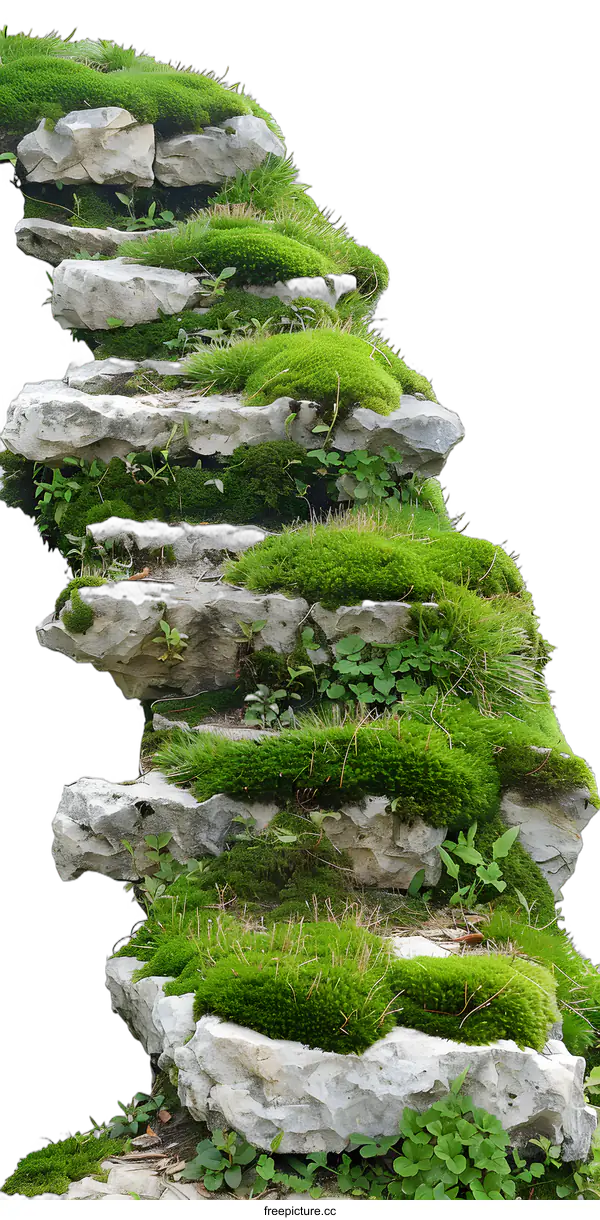 [Transparent Background PNG]Stone Steps Covered in Lush Green Moss