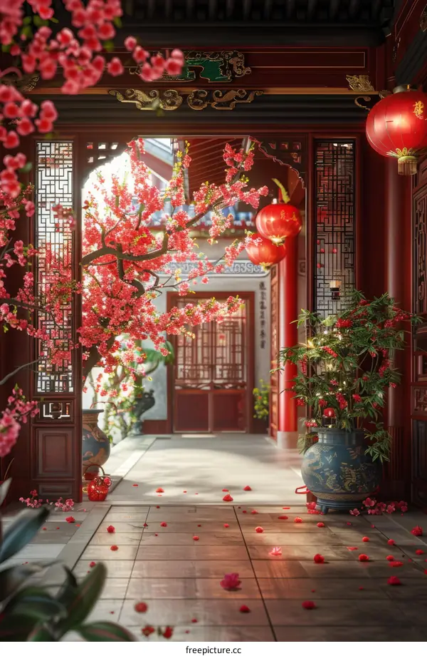 Chinese Courtyard with Cherry Blossoms and Red Lanterns