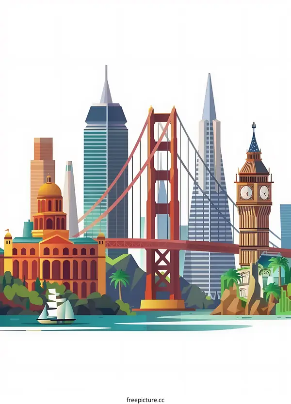 Iconic Landmarks Illustration with Golden Gate Bridge, Big Ben, and San Francisco Skyline