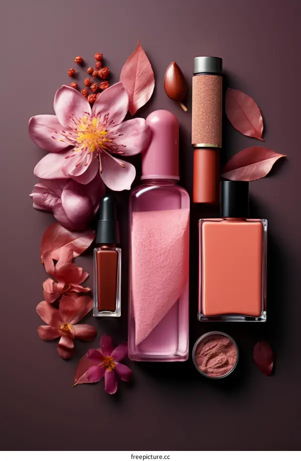 Pink and Red Floral Arrangement with Perfume Bottles