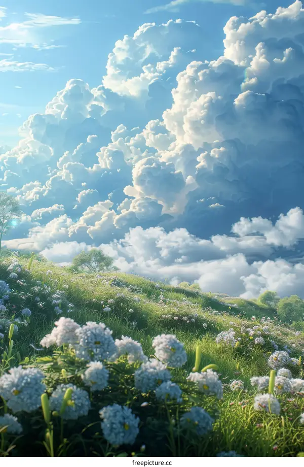 Sunlit Wildflower Meadow with Rolling Hills and White Clouds