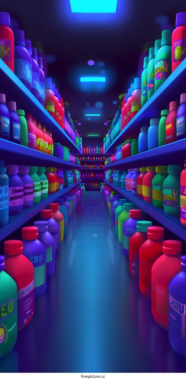 Neon Light Supermarket Aisle with Colorful Bottles