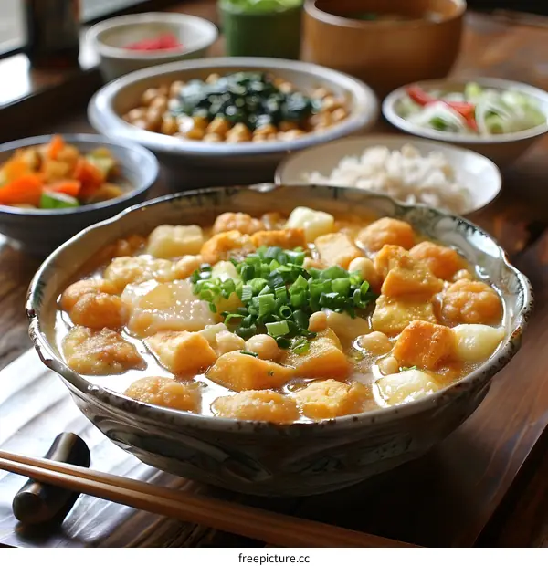 A delicious Japanese dish with rice, tofu, and vegetables.