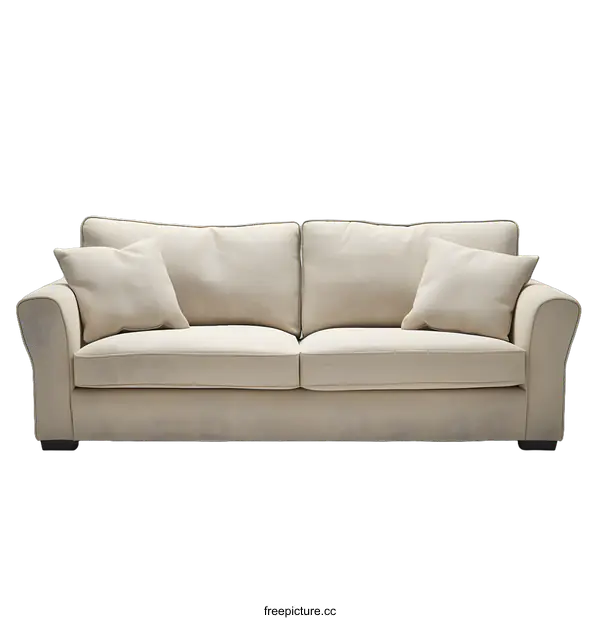 [Transparent Background PNG]beige linen fabric sofa with four throw pillows