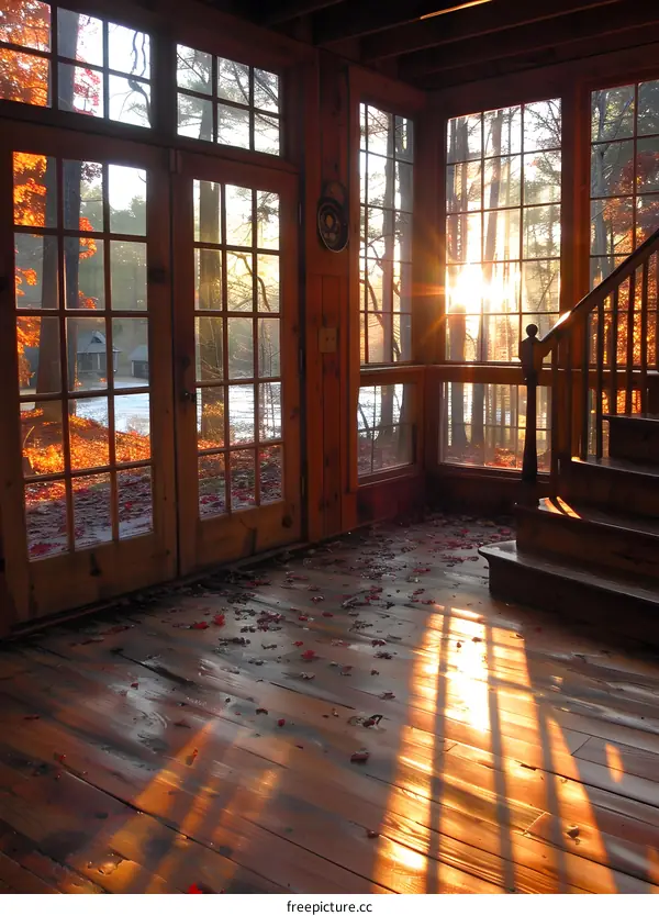 Wooden house bathed in sunlight