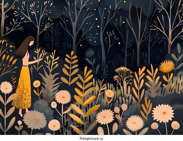 Woman in a Yellow Dress Walking Through a Forest at Night