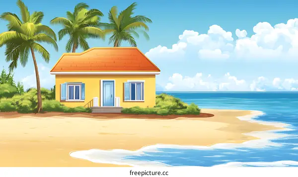 Tropical Beach House with Palm Trees