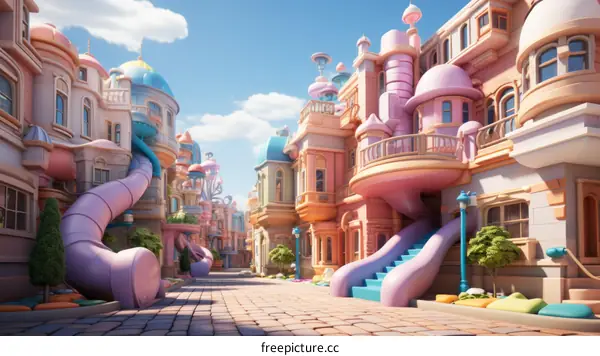 A whimsical digital illustration of a colorful and vibrant cityscape with pastel-colored buildings and pink tube slides