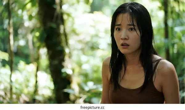 A Young Asian Woman Standing in Lush Green Forest