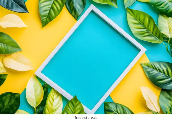 Summer Green Leaves and White Frame On Colorful Paper Background