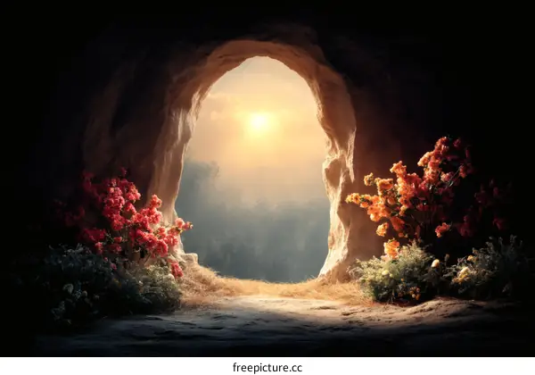 Sunrise through Cave with Flowers