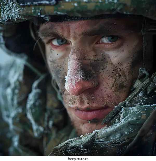 Portrait of a soldier with snow on his face