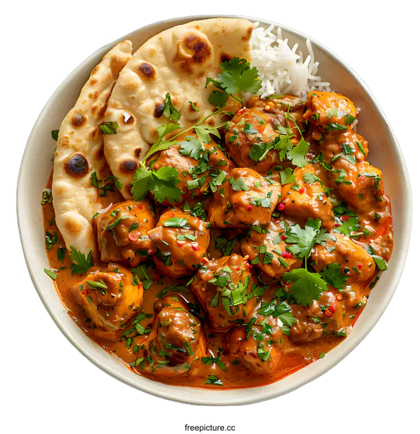 [Transparent Background PNG]Butter chicken in a bowl with naan and rice