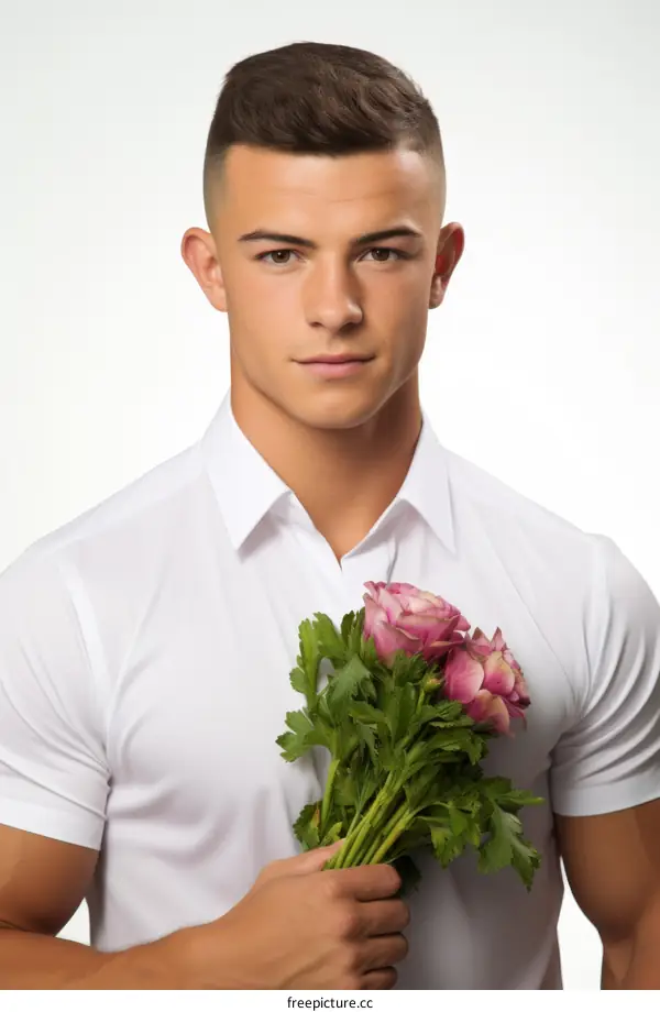 Young man holding a bouquet of flowers