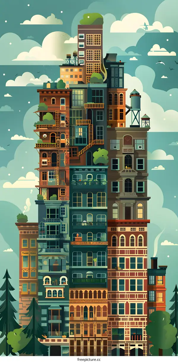 Stacked Cityscape Illustration with Green Trees and Blue Sky