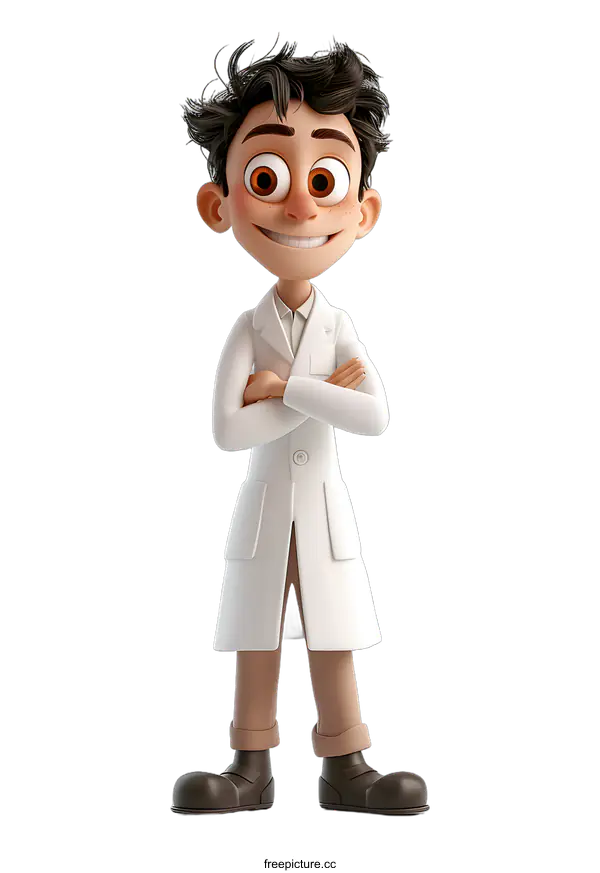 [Transparent Background PNG]Cartoon Character Scientist with Arms Crossed and Smiling