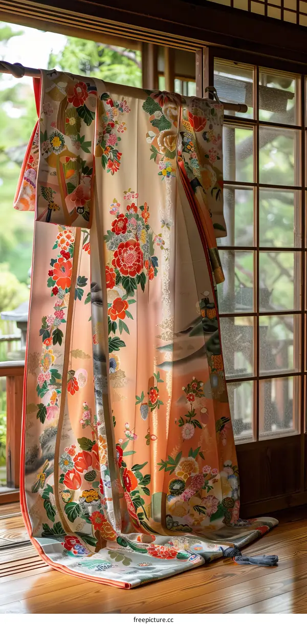 Traditional Japanese Kimono Hanging in a Sunlit Room