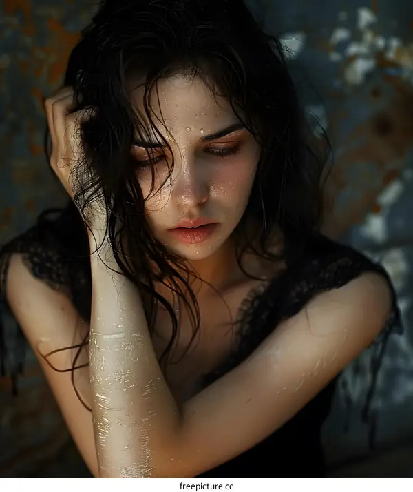 Portrait of a beautiful sad young woman with dark hair and gold paint on her face