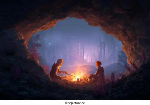 Two Children Campfire Futuristic Cityscape