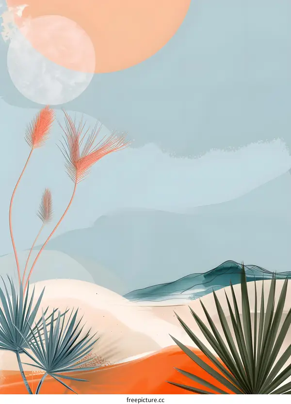 Abstract Minimalist Desert Landscape With Palm Trees And Sun