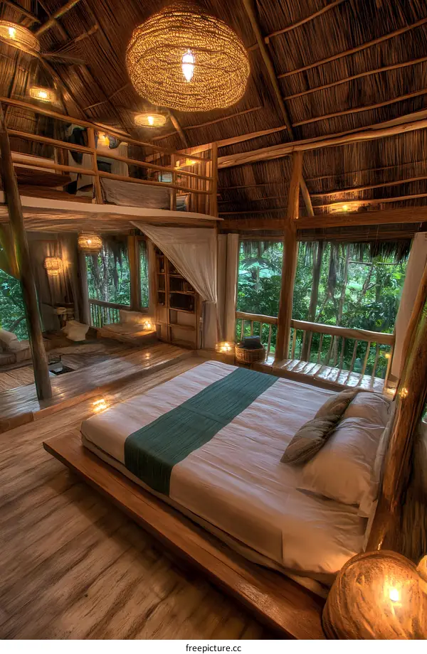 Wooden Cabin with Bed and a View of the Jungle