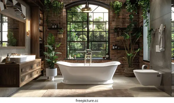 Modern Minimalist Bathroom with Brick Wall, Bathtub and Fireplace