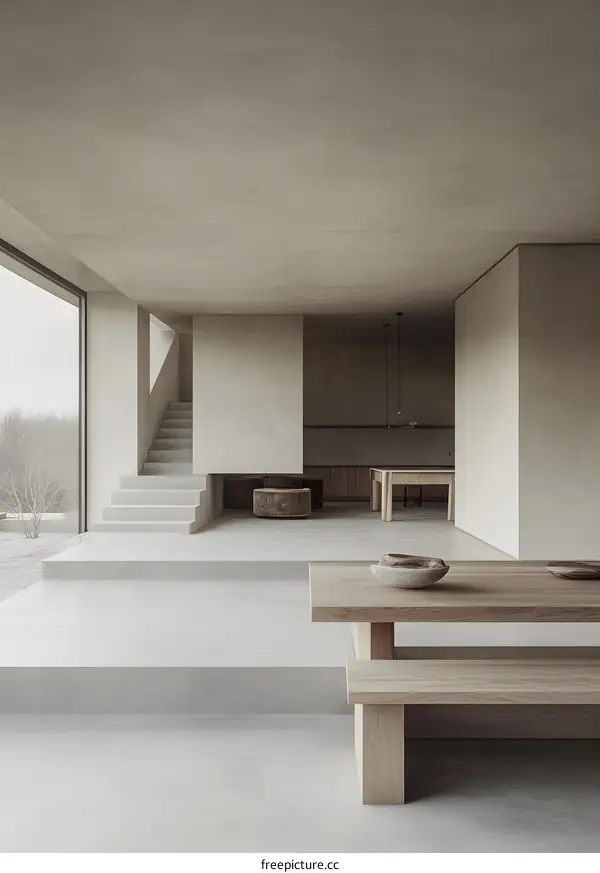 Minimalist Interior Design With Concrete Walls And Wooden Furniture