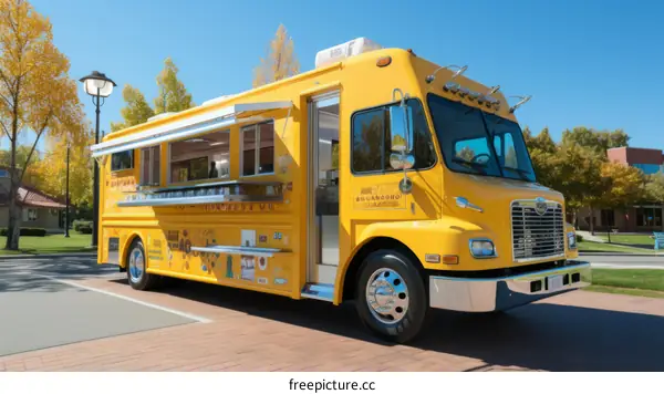 A Yellow Food Truck Parked on a College Campus
