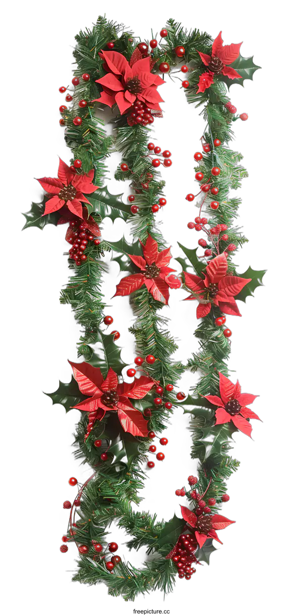 [Transparent Background PNG]Christmas Garland with Red Poinsettia and Holly