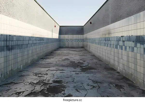 Abandoned Tile Wall Alleyway with Cracked Concrete Floor