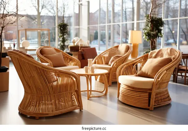 Vintage Wicker Chairs and a Round Table in a Room with Large Windows