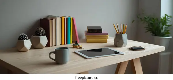 Organized Home Workspace with Books and Supplies