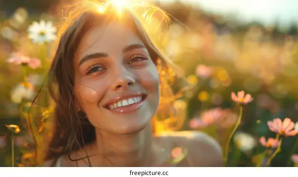 Smiling Woman in a Field of Flowers