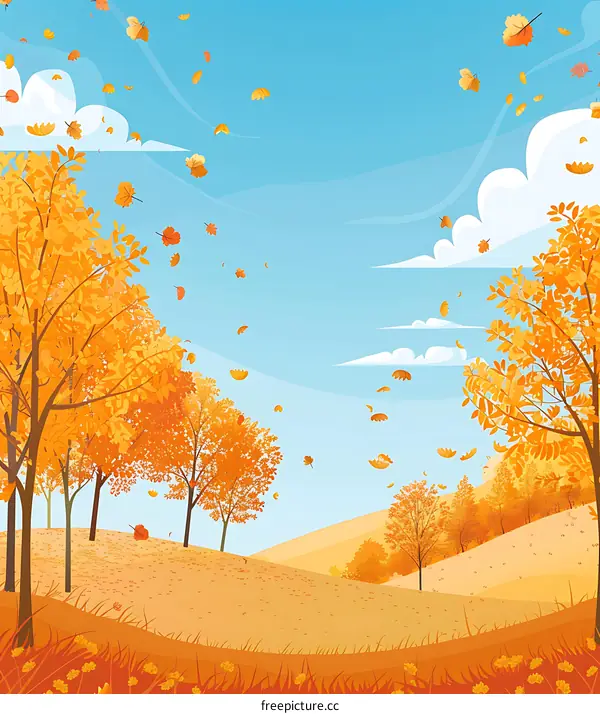 Autumn Landscape with Falling Leaves and Blue Sky
