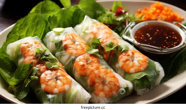 Fresh and delicious Vietnamese spring rolls with shrimp, vegetables, and herbs, served with a dipping sauce