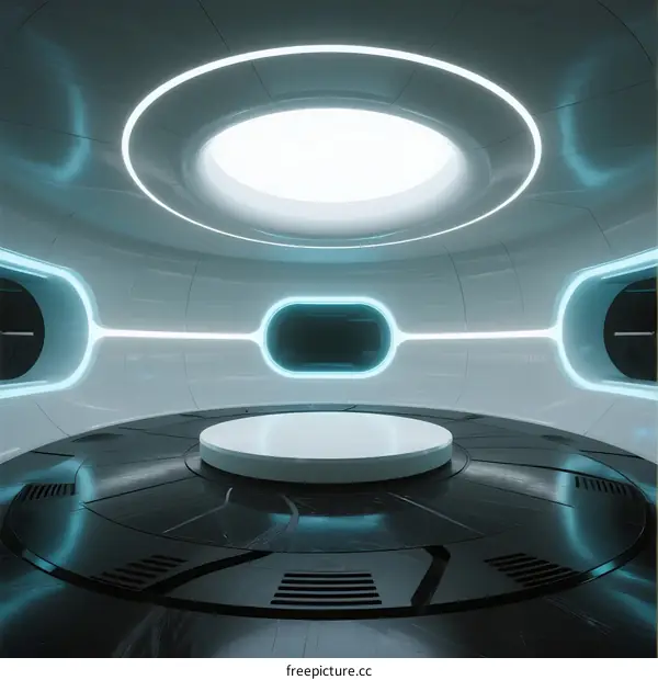 Futuristic Circular Room with Illuminated Platform and Neon Lights