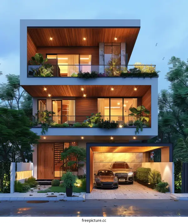 A three-story modern house with a garage and a garden