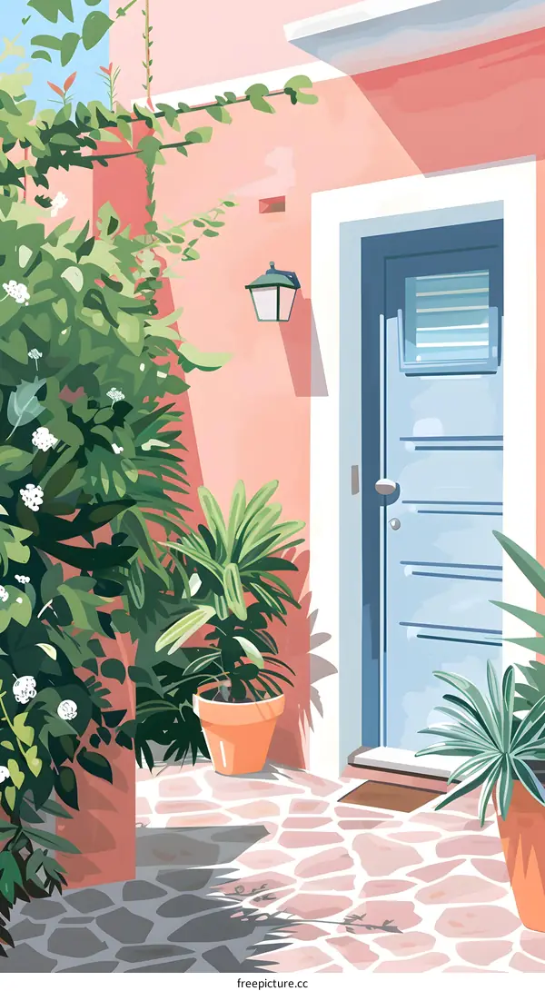 Pink House with Blue Door and Greenery