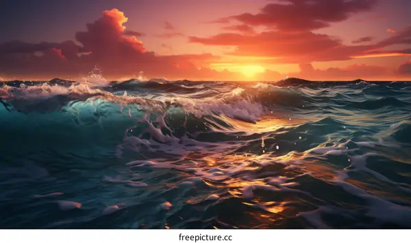 Golden Hour Sunset Over Ocean Waves