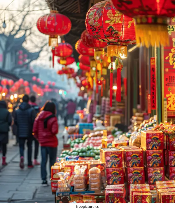 Crowded Chinese new year market with people shopping for food and gifts