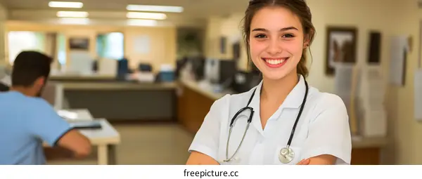 Smiling Female Doctor Standing in a Hospital Setting