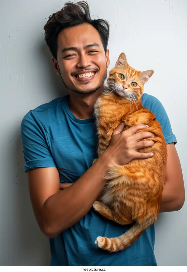A smiling man holding an orange cat