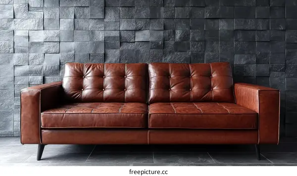 Modern Leather Sofa Against Stone Wall