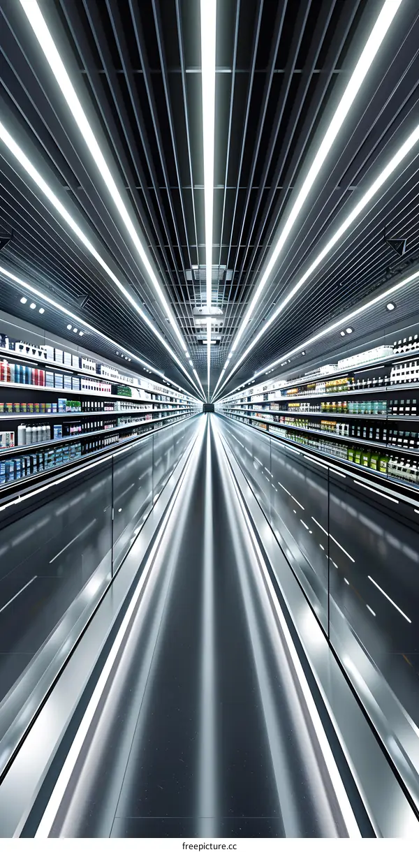 Modern Supermarket Interior Design with Illuminated Ceiling and Moving Walkway
