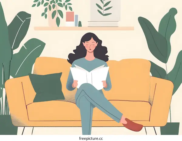Woman Reading a Book on a Sofa in a Cozy Living Room