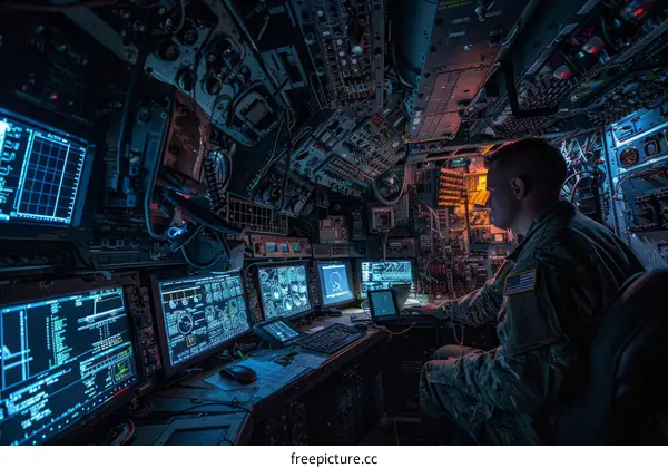 soldier works at a computer station in a dark room