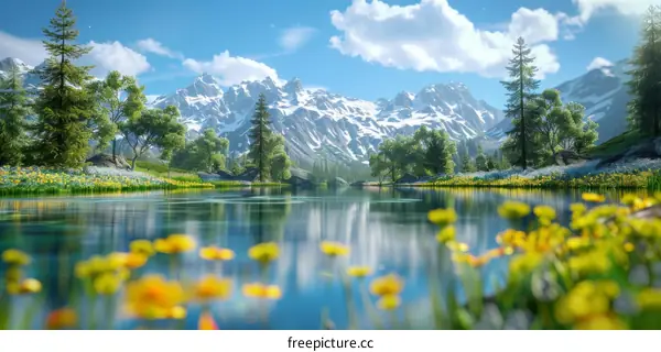 Tranquil Mountain Lake by a Valley with Blooming Yellow Wildflowers on the Shore