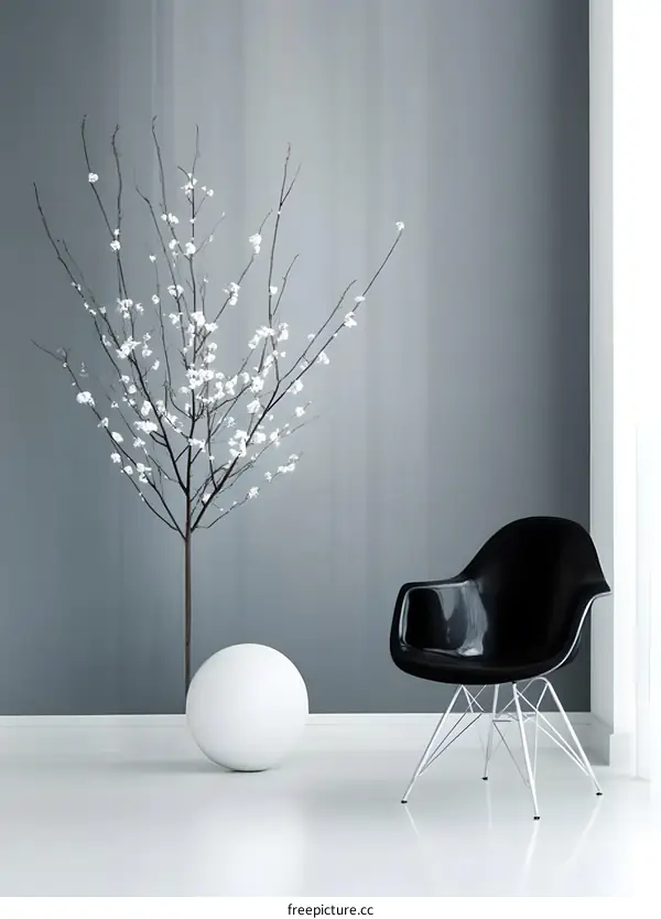 Minimalist Interior Design with White Flowers and Black Chair