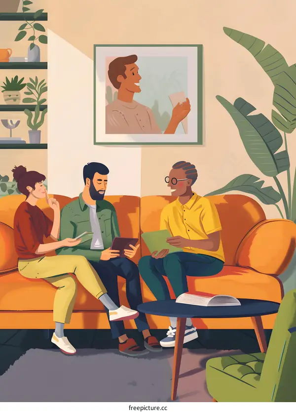 Three Friends Relaxing On A Couch And Talking
